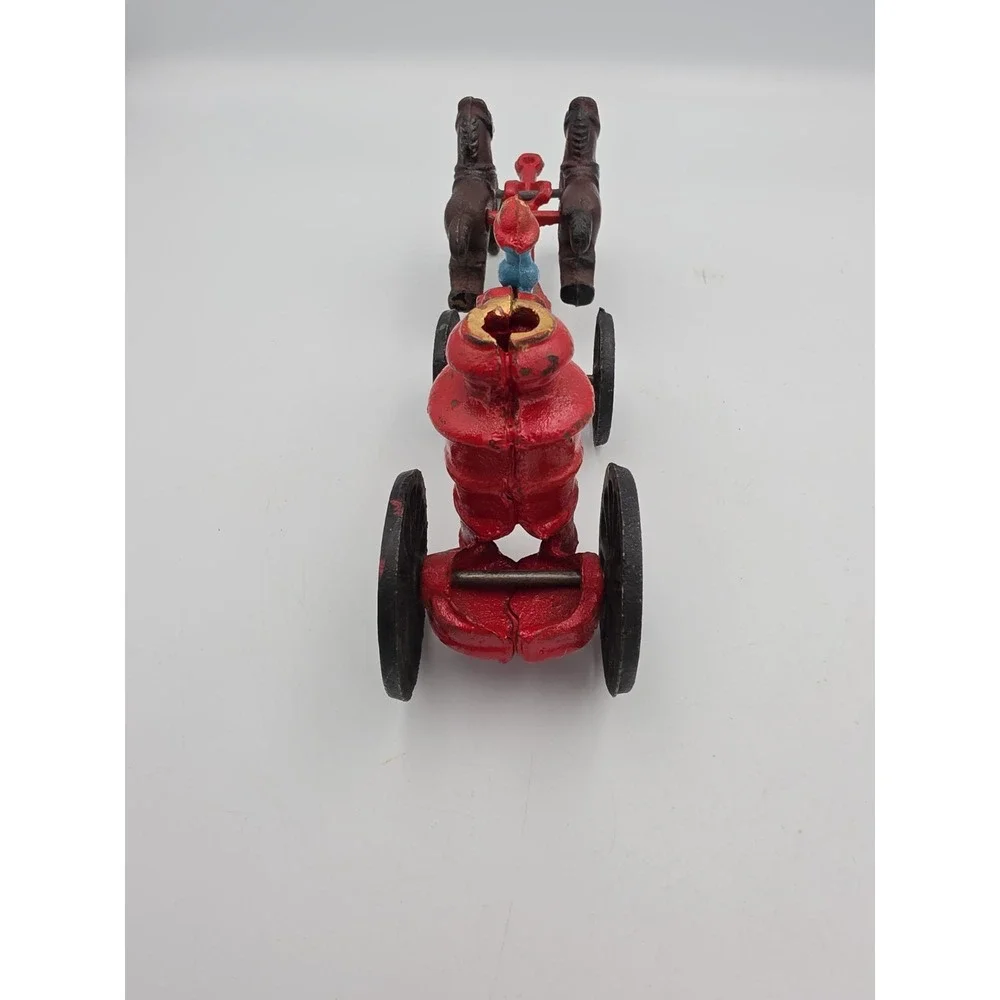 Vintage Cast Iron Horse Drawn Fire Pumper Toy Red Fire Engine Collectible